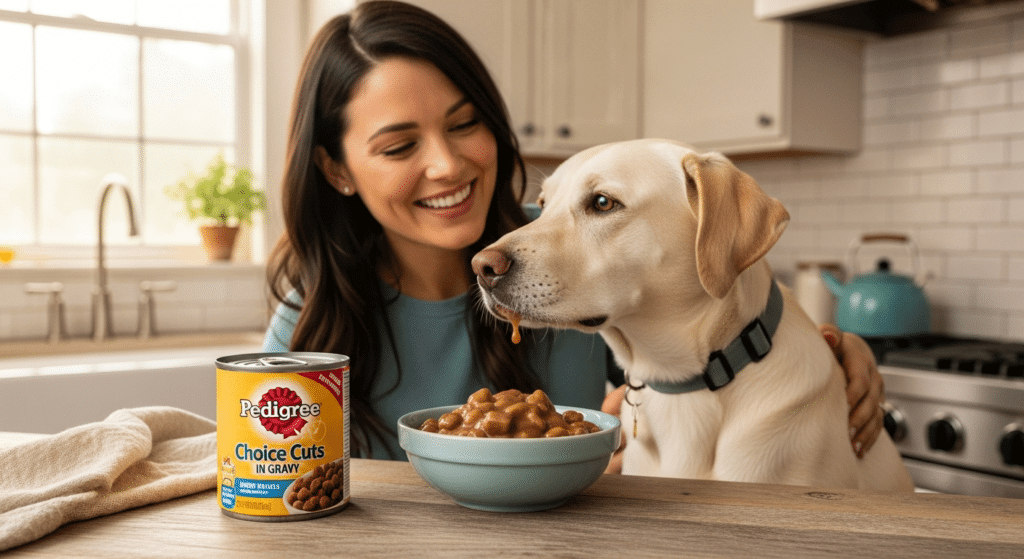 Adult woman joyfully feeding her dog Pedigree Choice Cuts in Gravy