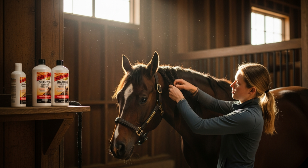 Dandruff horse receiving gentle grooming in a warm stable