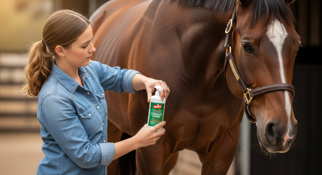 Man applying liniments to a horse in natural interaction
