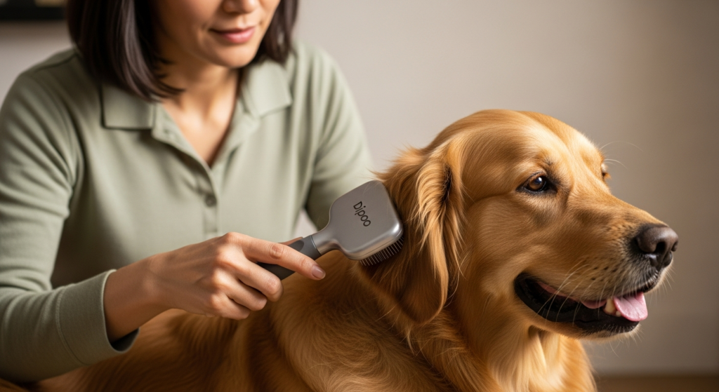 The Licki Self Cleaning Shedding Brush on a golden retriever