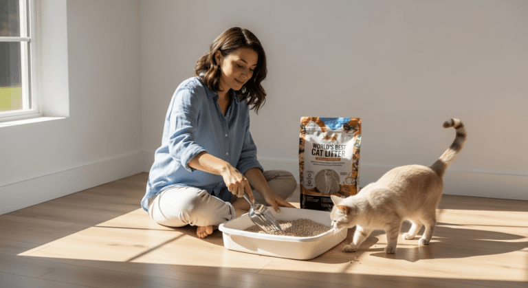 Young woman gently scooping clumping cat litter while a playful cat explores nearby