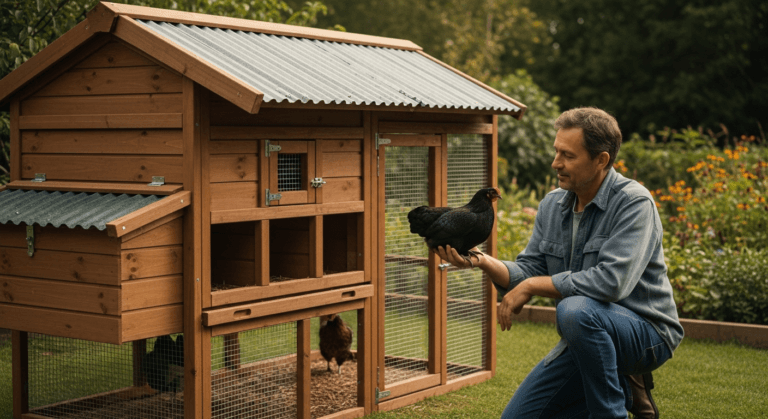 Serene outdoor scene with large chicken coop and guinea hens