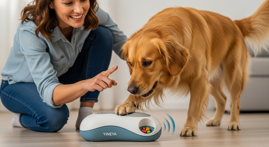Young woman interacting with her dog and gobblestopper toy