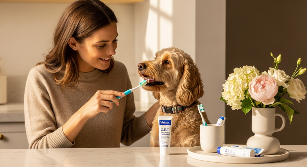 Young woman and her dog engaging in dental care at the pet store near me