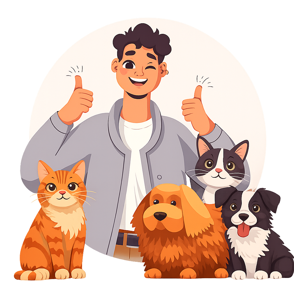 Healthy Pets and Happy Owners | Petsfloo Happy pet owner with dogs and cats showing thumbs up - Petsfloo pet products and care