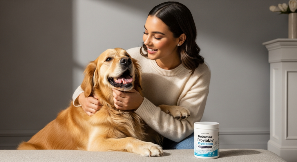 Happy dog interacting with a young woman showcasing probiotics for dogs