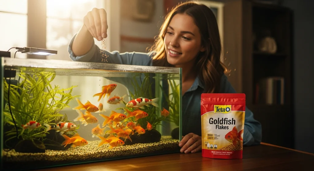 Adult woman feeding goldfish with Tetrafin Goldfish Flakes