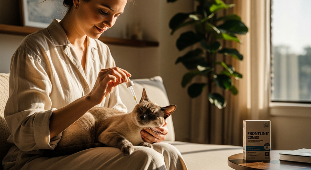 Young woman gently applying Frontline Combo pipette to her cat in a serene indoor setting with soft lighting and cinematic grain