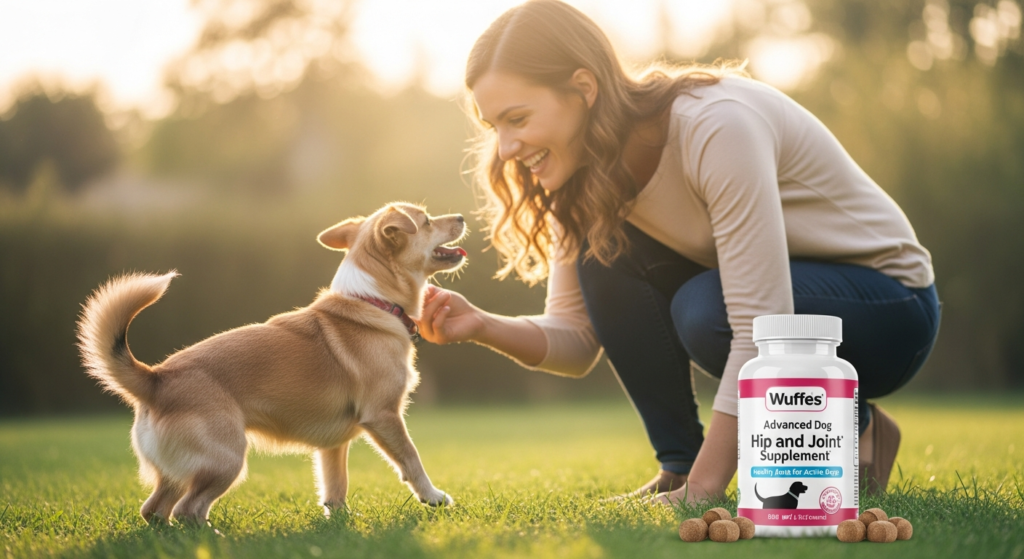 Joyful woman with a small dog showcasing Wuffes Advanced Dog Hip and Joint Supplement pet store near me