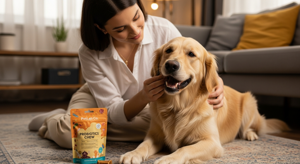 Young woman interacting with happy dog enjoying PetLab Co. Probiotics chews in a cozy pet store near me