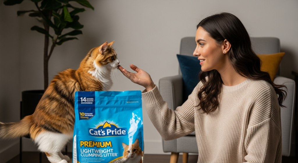Young woman interacting with a playful cat at a pet store near me