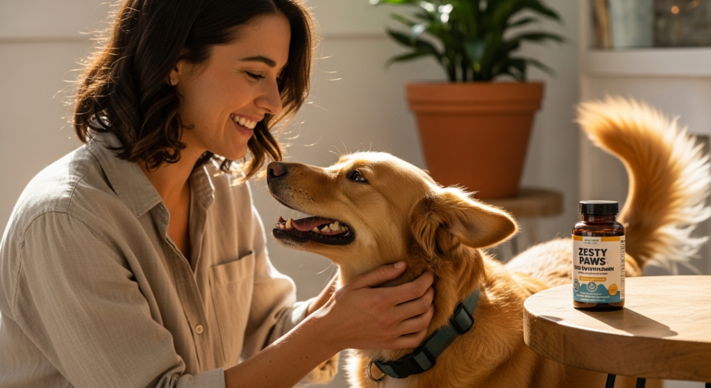Young woman happily playing with a dog at a pet store near me