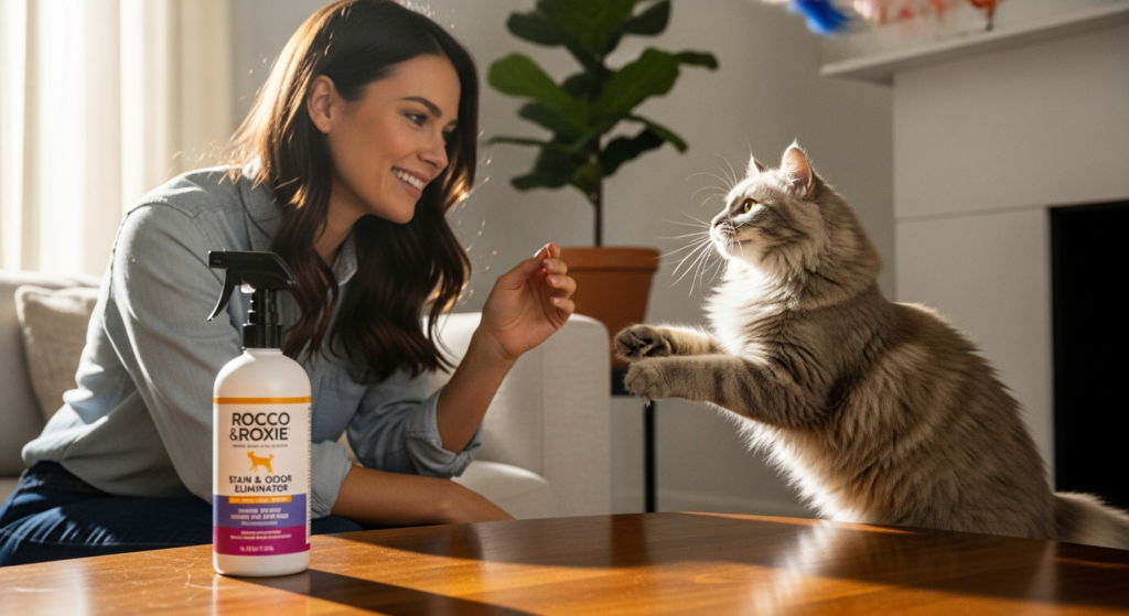 Young woman playfully interacting with a cat at home pet store near me
