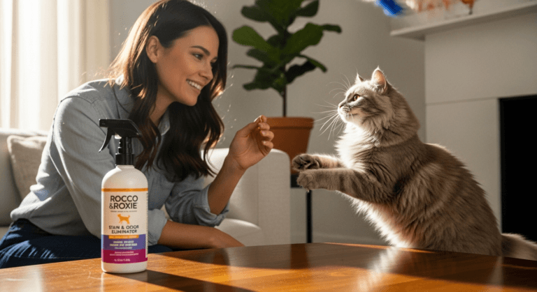 Young woman playfully interacting with a cat at home pet store near me
