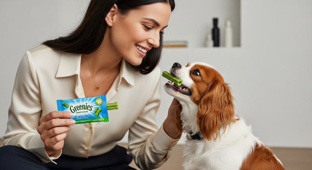 Young woman joyfully sharing Greenies dental chews with small dog at a pet store near me