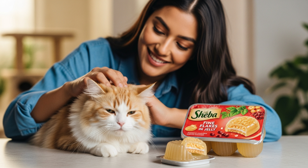 wet canned cat food beside a young woman and her cat