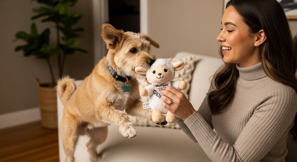 Small to medium dog joyfully playing with a squeaker for dogs