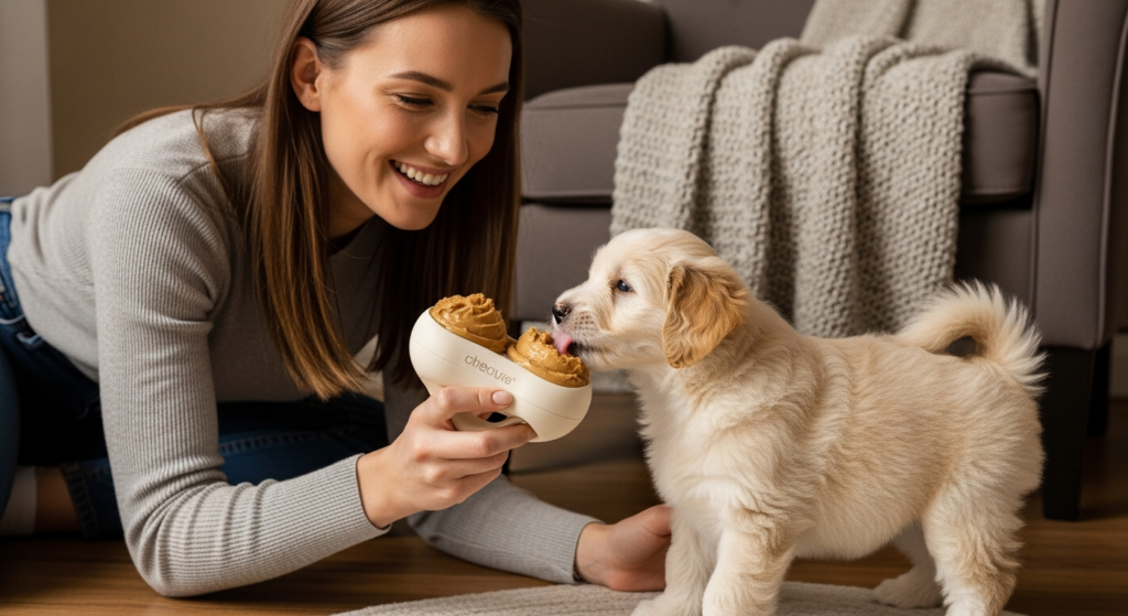 Young woman joyfully playing with a puppy and a peanut butter dog toy