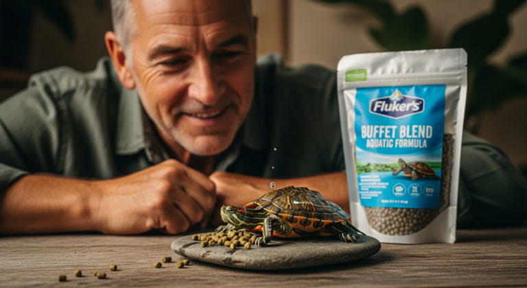 Adult man enjoying a turtle feeding on turtle pellets